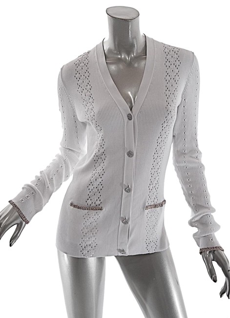 Chanel W White Cotton Pointelle Sweater Contresting Trim Cardigan