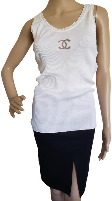 Chanel White Interlocking Cc Sleeveless Rib Knit Blouse 0 M 