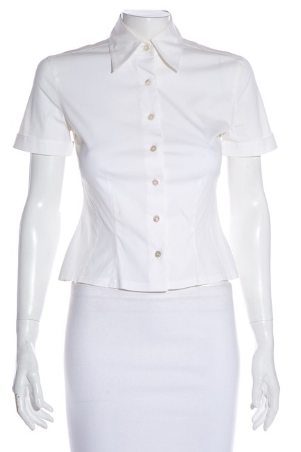 Chanel White Short Sleeve Ivory Button up BlouseS 