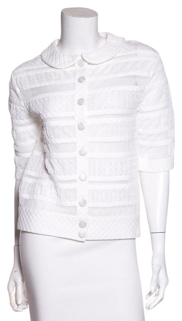 Chanel White Short Sleeve Knit Textured Button down Top