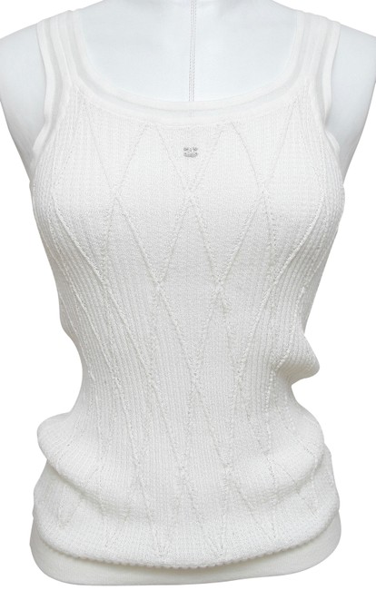 Chanel White Sleeveless Knit Sweater Silver Cc Crystals Tank Top Cami  