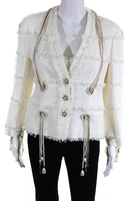 Chanel White Tweed Pearl Chain Necklace Jacket Blazer  