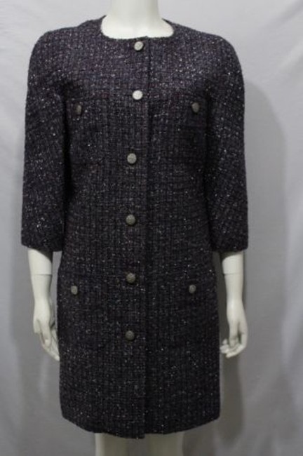 Chanel Women Navy Burgundy Silver Sparkling Long Cocktail Coat Jacket 