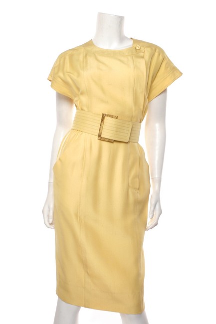 Chanel Yellow Vintage Belted Silk 36 Mid length Work Office DressS 