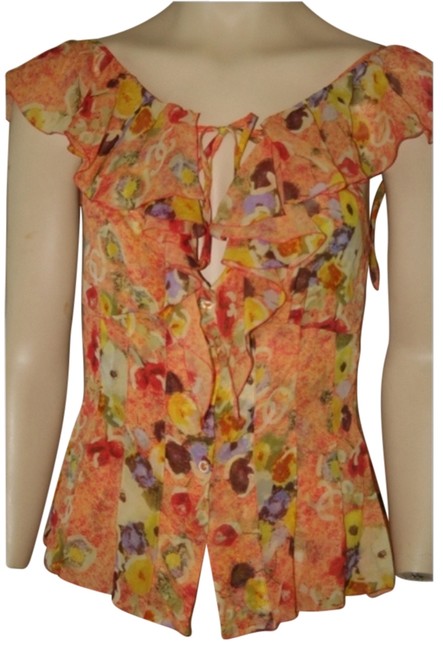 Chanel Yellow Orange Silk Ruffled Sleeveless Blouse  S 