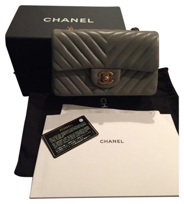 Chanel 2015 Chevron Mini Flap Gray Leather Cross Body Bag 