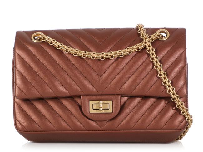 Chanel 255 Reissue 225 Chevron Quilted Metallic Gold Leather Cross Body Bag 