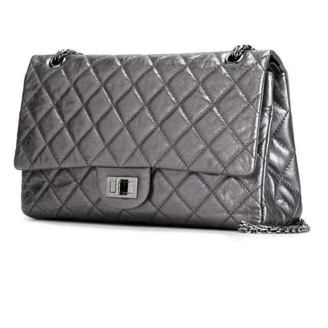Chanel 255 Reissue Double Flap Silver Leather Cross Body Bag 