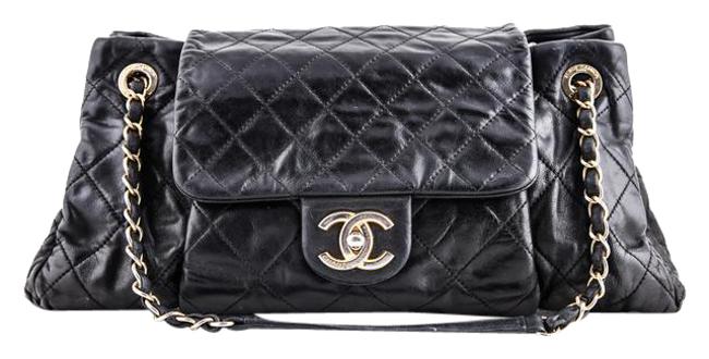 Chanel Classic Handbag Accordion Black Lambskin Leather Cross Body Bag 