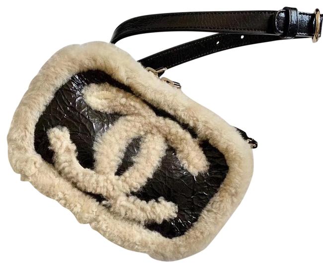 Chanel Belt Waist Cream Black Shearling Wool Cross Body Bag 