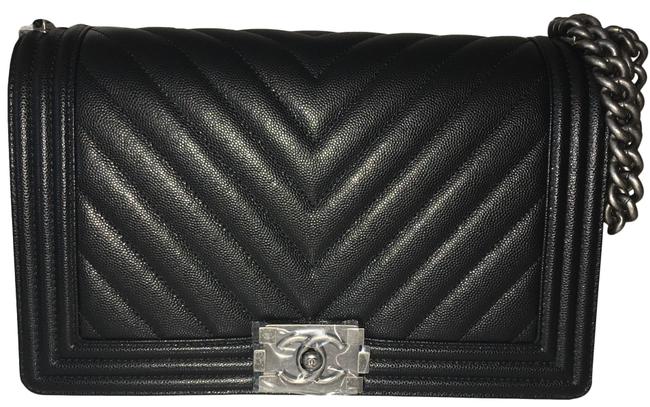 Chanel Boy Chevron Black Caviar Leather Cross Body Bag 