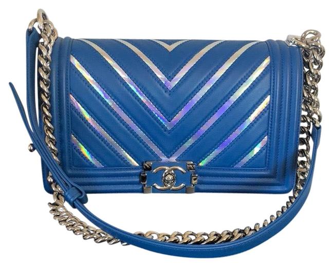 Chanel Boy Chevron Iridescent Blue Lambskin Leather Cross Body Bag 