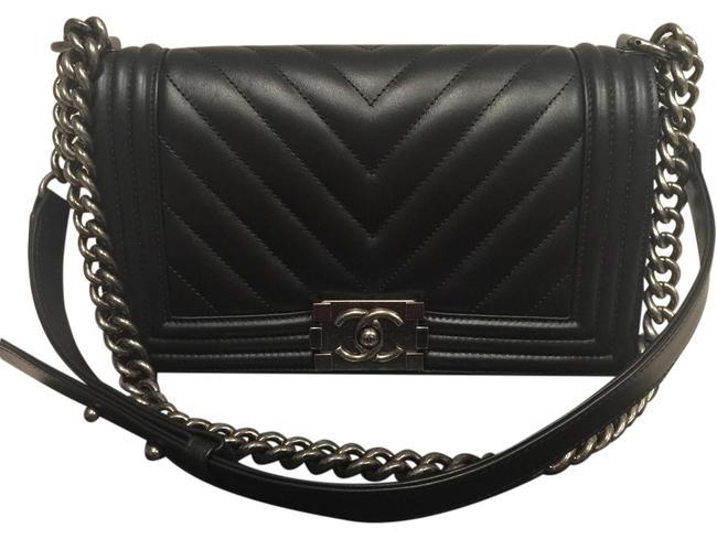 Chanel Boy Chevron Le Medium Black Leather Calfskin Cross Body Bag 