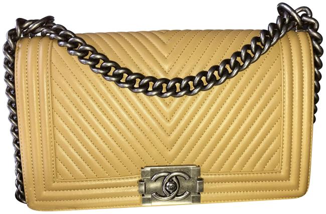 Chanel Boy Chevron Tan Lambskin Leather Cross Body Bag 
