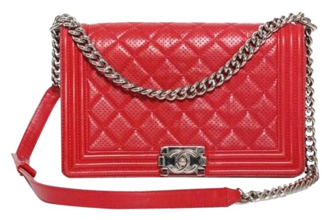 Chanel Classic Flap Boy Perforated Medium Red Leather Cross Body Bag 