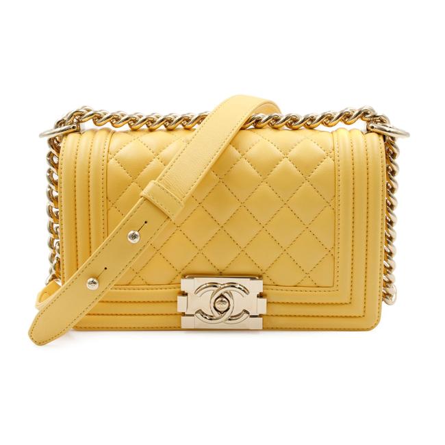 Chanel Boy Classic Flap Quilted Yellow Lambskin Leather Cross Body Bag 