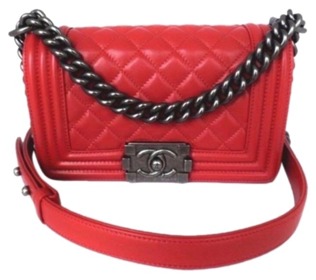 Chanel Boy Classic Red Lambskin Cross Body Bag 
