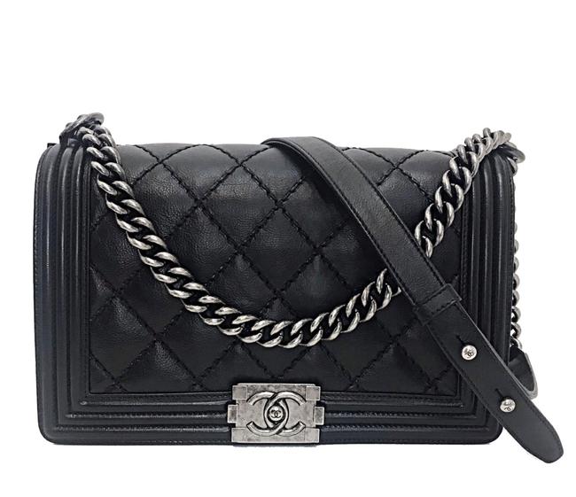Chanel Boy Double Stitch Medium Black Leather Cross Body Bag 