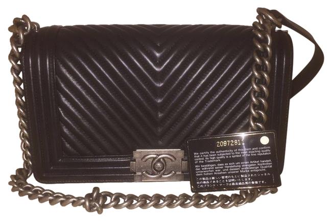 Chanel Boy Le Chevron Black Lambskin Leather Cross Body Bag 
