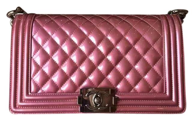 Chanel Boy Medium Flap Metallic Light Pink Patent Leather Cross Body Bag 