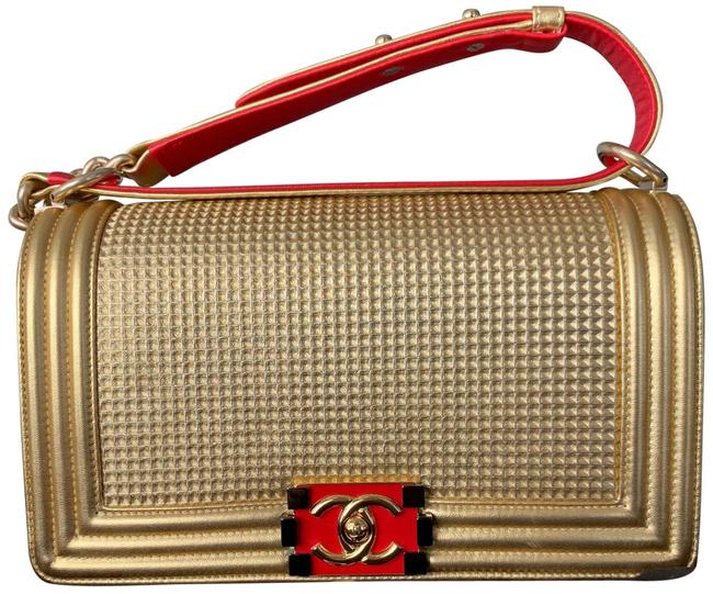 Chanel Boy Medium Gold and Red Lambskin Leather Cross Body Bag 