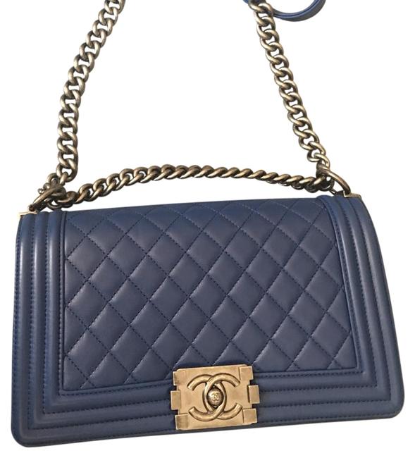 Chanel Boy Old Medium Dark Blue Lambskin Cross Body Bag 