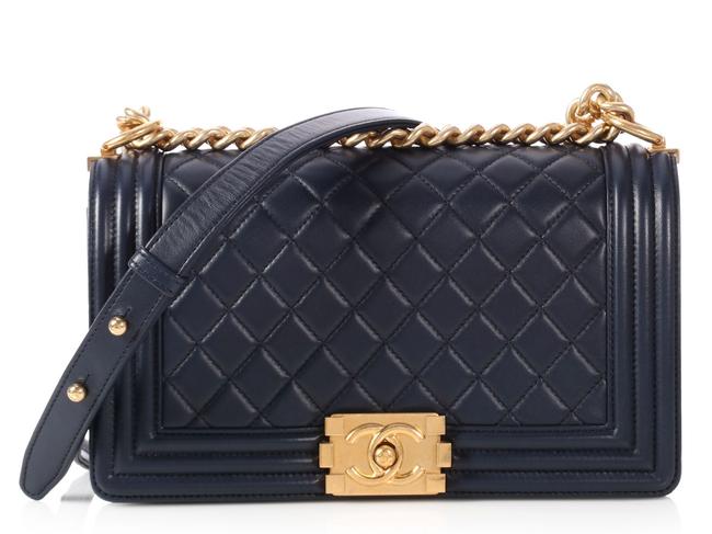 Chanel Boy Old Medium Navy Blue Lambskin Leather Cross Body Bag 