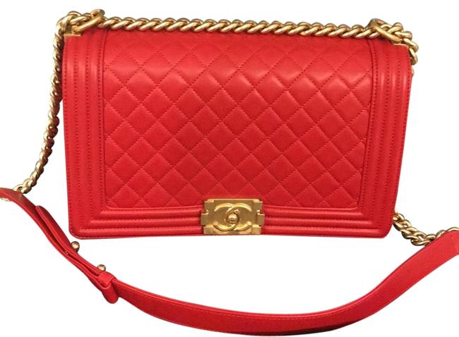 Chanel Boy Quilted Red Lamb Skin Cross Body Bag 