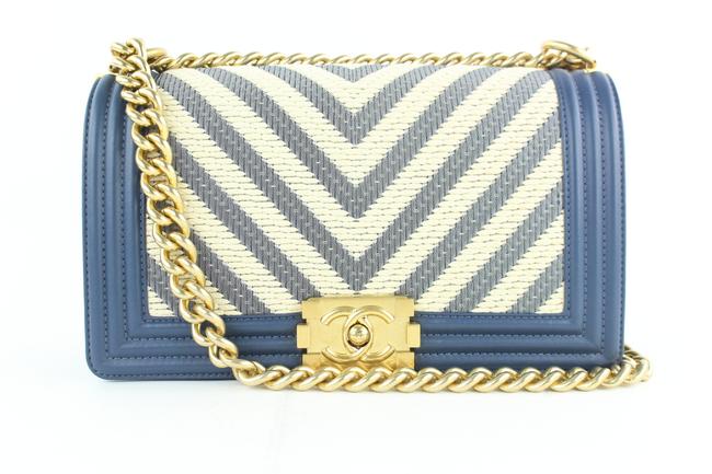 Chanel Boy Rare Limited Edition Chevron 2cz1812 Blue Leather Cross Body Bag 