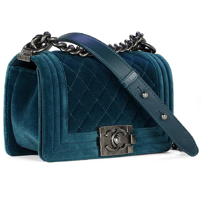 Chanel Boy Ruthenium Hardware Small Turquoise Velvet Cross Body Bag 