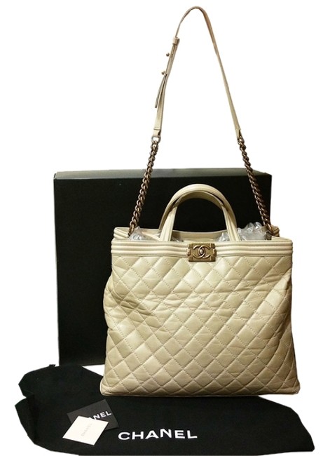 Chanel Boy Shopping Tote Way Beige Leather Cross Body Bag 