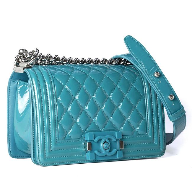 Chanel Boy Small Quilted Rhw Turquoise Patent Leather Cross Body Bag 