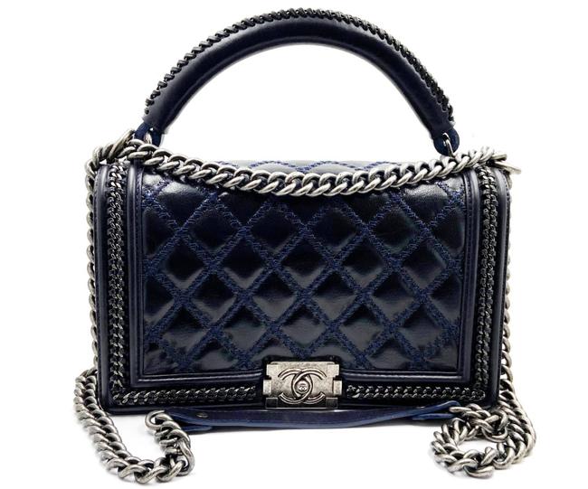 Chanel Shoulder Boy Handle Paris salzburg Quilted Dark Navy Calfskin Leather Cross Body Bag 