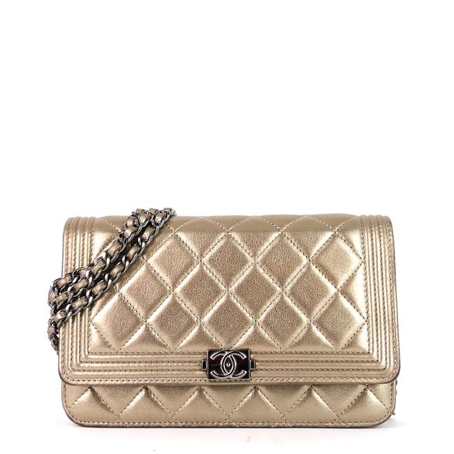Chanel Boy Wallet on Chain Quilted Gold Lambskin Leather Cross Body Bag 
