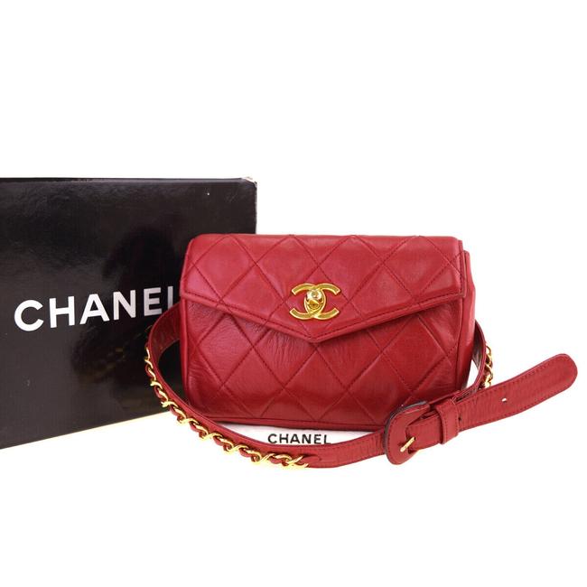 Chanel Bum Waist Logo Chain Quilted Red Leather Cross Body Bag 