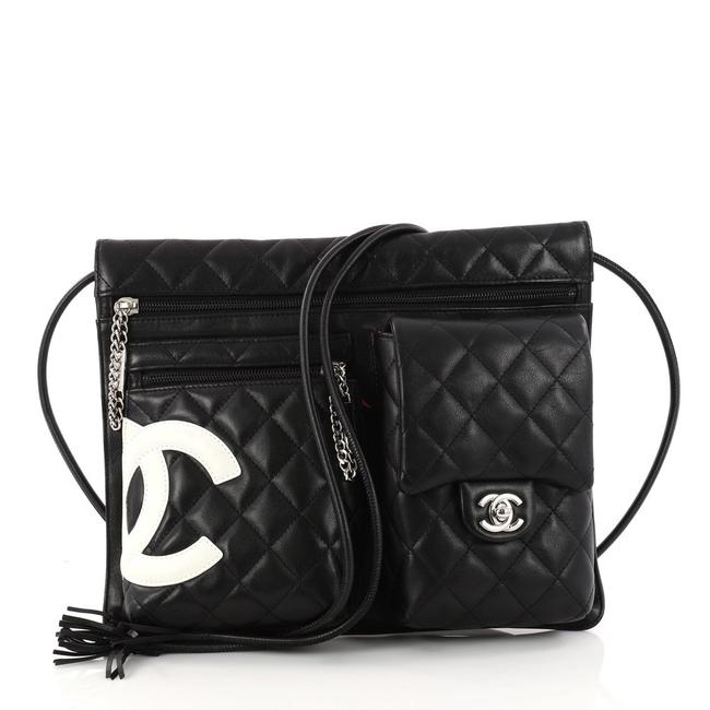 Chanel Cambon Multi pocket Flat Black Lambskin Leather Cross Body Bag 