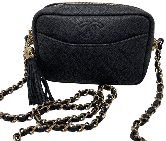 Chanel Camera Quilted Small Coco Tassel Black Caviar Leather Cross Body Bag 