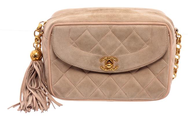 Chanel Camera Quilted Small Tassel Beige Suede Cross Body Bag 