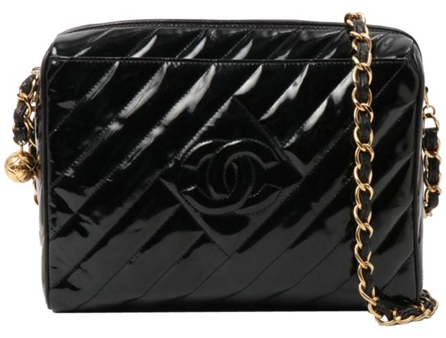 Chanel Camera Case Vintage Chevron Black Patent Leather Cross Body Bag 