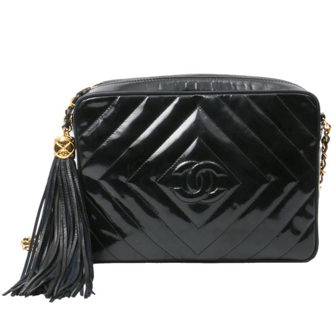 Chanel Camera Case Vintage Patent Chevron Tassel Black Lambskin Cross Body Bag 