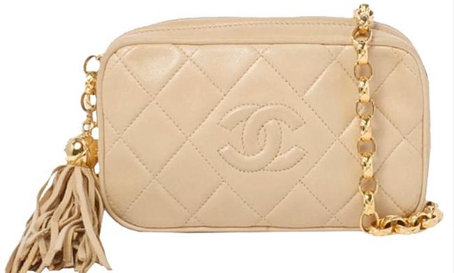 Chanel Camera Vintage Tassel Beige Lambskin Leather Cross Body Bag 