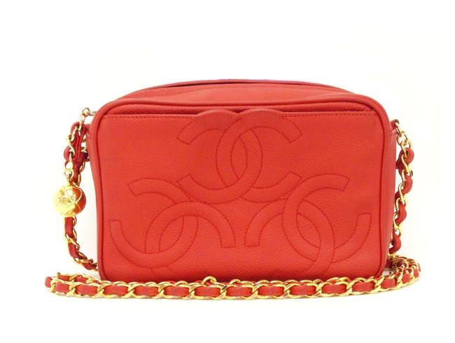 Chanel Camera Case Vintage Triple Cc Red Caviar Leather Cross Body Bag 