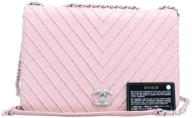 Chanel Cc Chevron Pink Calfskin Leather Cross Body Bag 