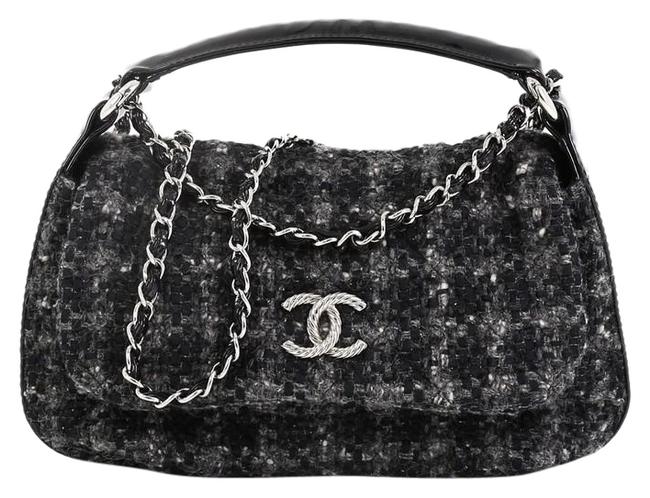 Chanel Cc Flap Satchel Quilted Medium Black Tweed Cross Body Bag 