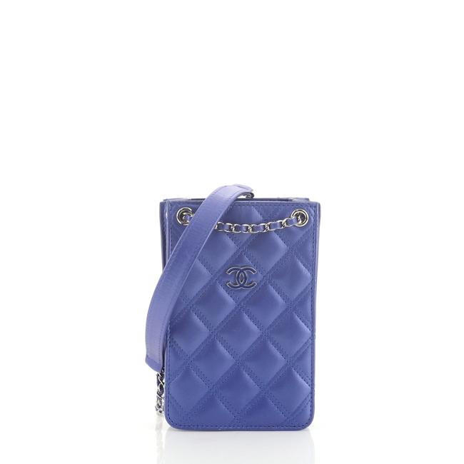 Chanel Cc Phone Holder Quilted Blue Lambskin Leather Cross Body Bag 