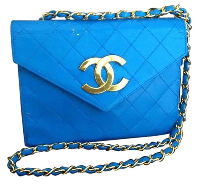 Chanel Cc Quilted Chain Blue Lambskin Leather Cross Body Bag 