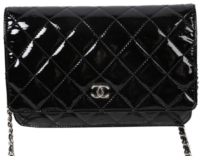 Chanel Chain Wallet On A Quilted Black Patent Leather Cross Body Bag 