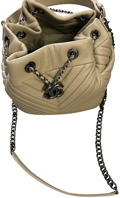 Chanel Bucket Chevron Style Beige Leather Cross Body Bag 