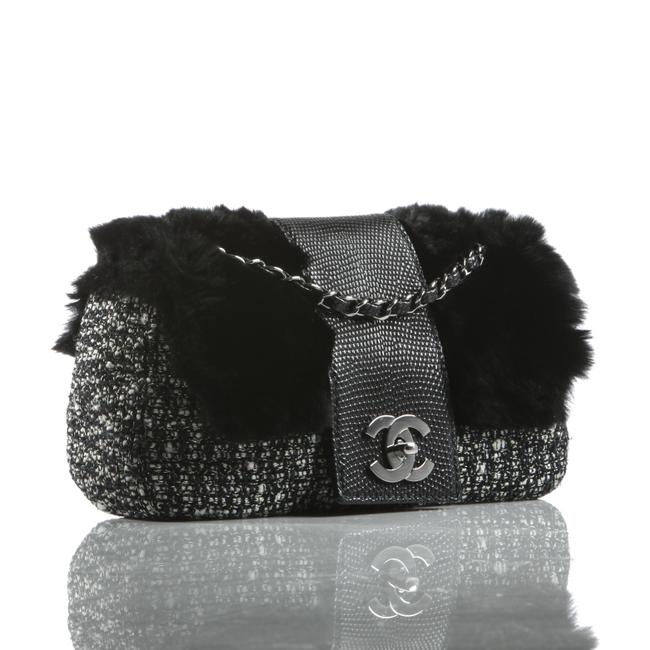 Chanel Classic Black Grey Flap Multicolor Tweed Fur and Lizard Cross Body Bag 