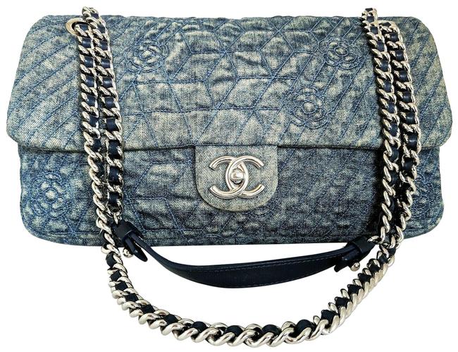Chanel Classic Camellia Quilt Jumbo Flap Shoulder Denim Blue Cross Body Bag 